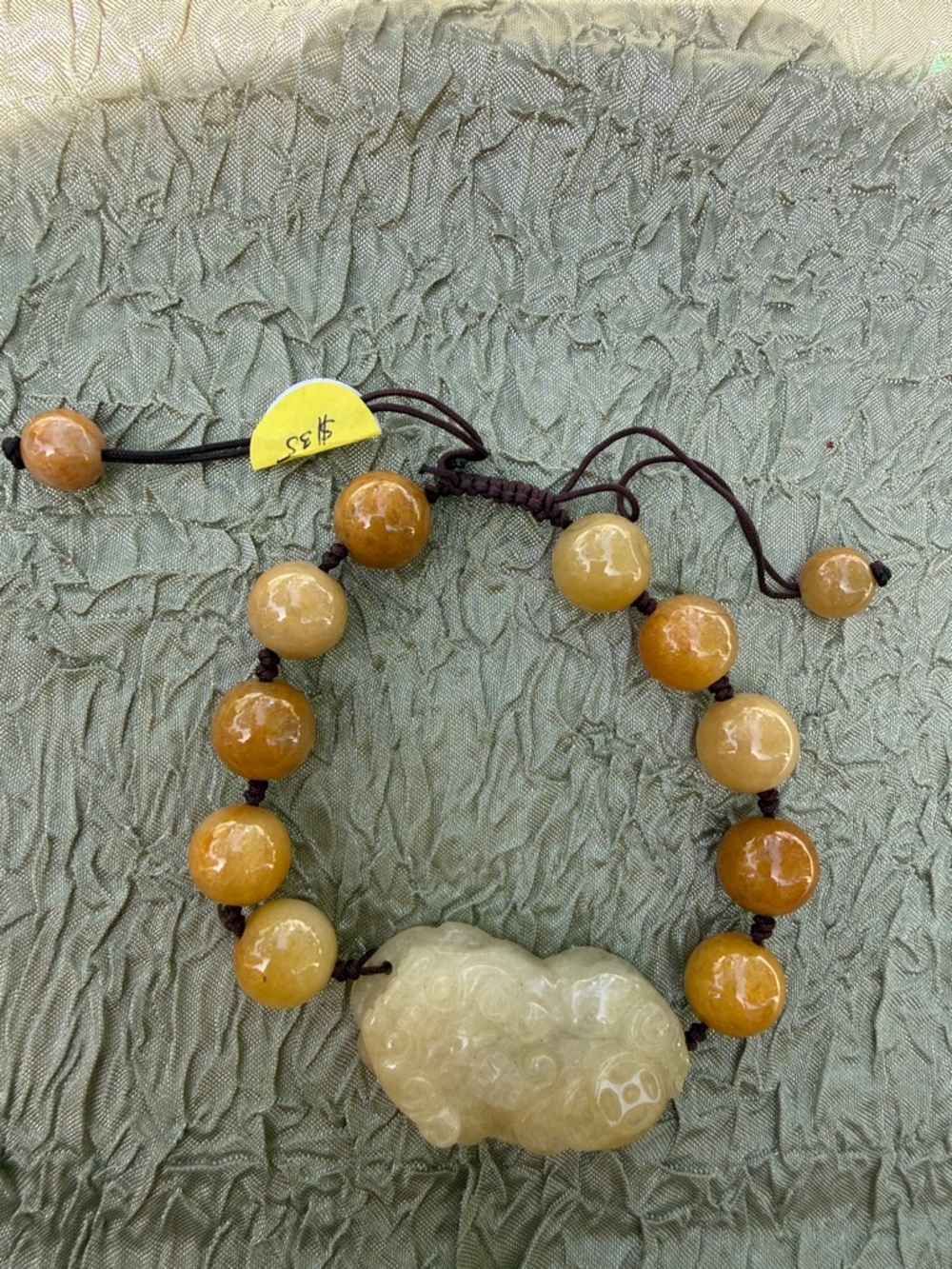 Handcrafted Yellow Jade Bead Bracelet with Carved dragon Pendant for luck
